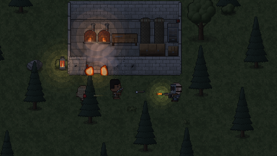 A firefight outside a stone base at night