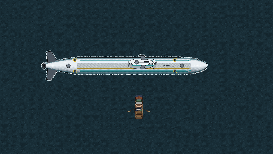 The RV Inkwell research submarine has surfaced near a rowboat