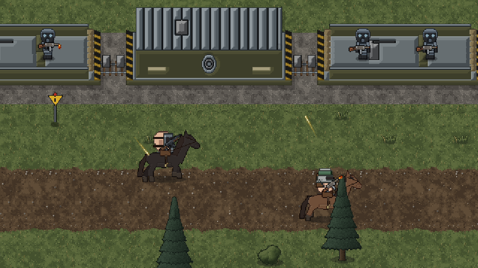 Two riders catch the armored train while guards fire from the cars