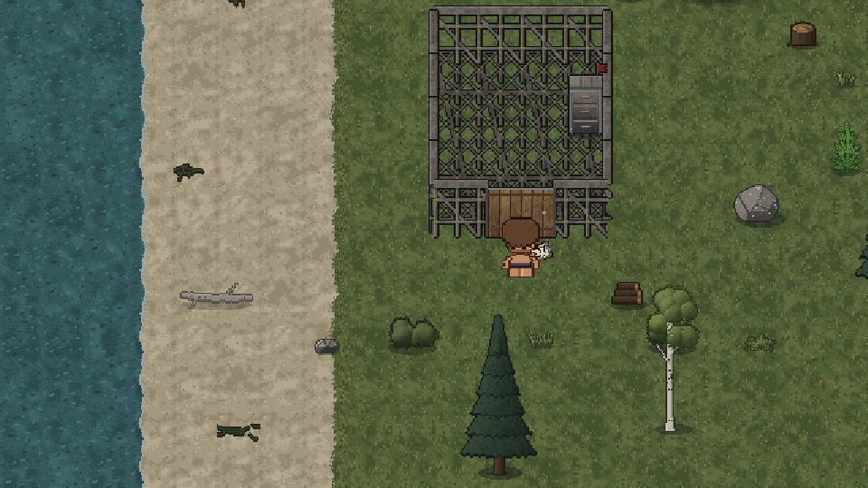 A first twig base with a wooden door near the shore