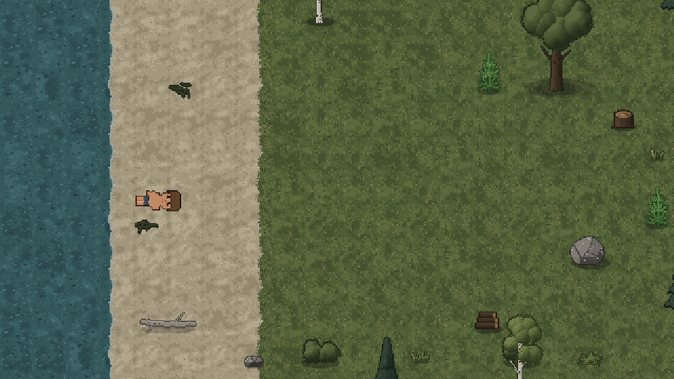 Wipe day: a player wakes up on the beach with a rock