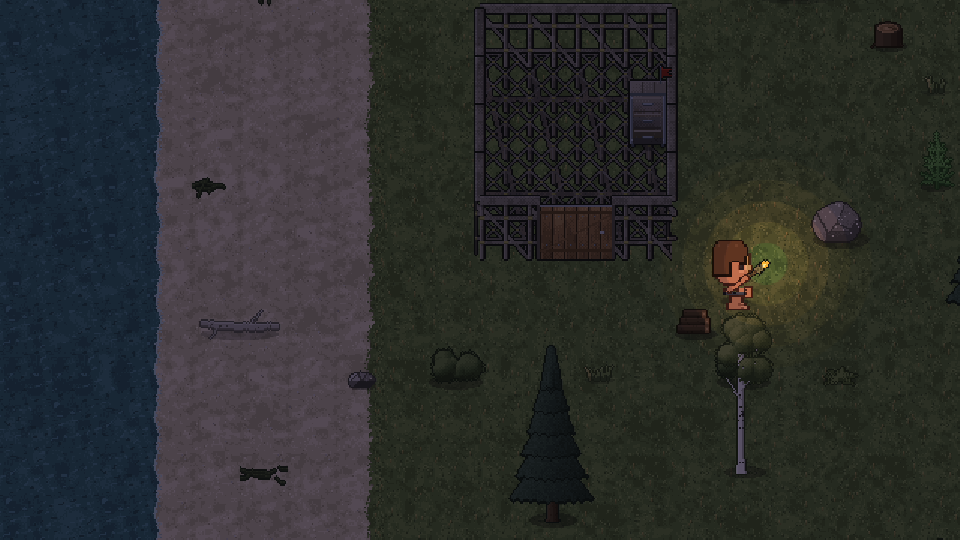 First night: a player lights a torch outside a twig base